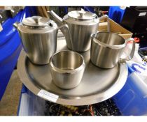 FIVE PIECE STAINLESS STEEL TEA SET AND TRAY