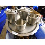 FIVE PIECE STAINLESS STEEL TEA SET AND TRAY