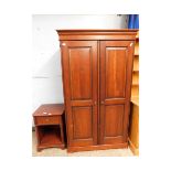 CHERRY WOOD DOUBLE DOOR WARDROBE TOGETHER WITH A FURTHER BEDSIDE CUPBOARD WITH SINGLE DRAWER AND