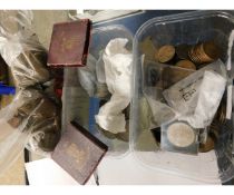 THREE TUBS CONTAINING MIXED COINAGE, CROWNS, OLD PENNIES ETC