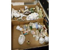 TWO BOXES OF CAPO DI MONTE ORNAMENTS, STAFFORDSHIRE FLAT BACK CASTLE, CONTINENTAL FIGURES ETC (2)