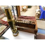 ROSEWOOD BOXED BRASS MICROSCOPE AND LENSES