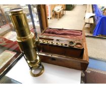 ROSEWOOD BOXED BRASS MICROSCOPE AND LENSES