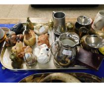 TRAY OF BOSSON TYPE DOGS HEADS, SILVER PLATED WARES ETC