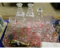 TRAY OF MIXED DECANTERS, GLASS WARES, BRASS ORNAMENT ETC