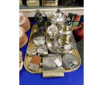 SILVER PLATED THREE PIECE TEA SET TOGETHER WITH TRAY AND ASSORTED HIP FLASKS