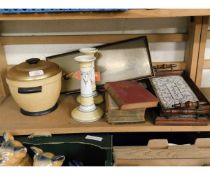 PAIR OF TEAK TILE BASED TWO-HANDLED TRAYS, A PICTURE OF A SOLDIER ENTITLED "THE ROYAL HAMPSHIRE", AN