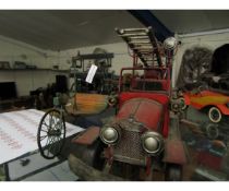 MODERN TIN PLATE MODEL OF A FIRE ENGINE AND FURTHER THREE WHEELED CART (2)