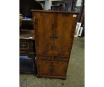 REPRODUCTION YEW WOOD MUSIC CABINET WITH LIFT UP TOP WITH TWO DOORS OVER TWO DRAWERS WITH TWO