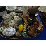 TRAY CONTAINING A LIMOGES PART DRESSING TABLE SET, MIXED ORNAMENTS, EGG ORNAMENTS ETC