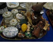 TRAY CONTAINING A LIMOGES PART DRESSING TABLE SET, MIXED ORNAMENTS, EGG ORNAMENTS ETC