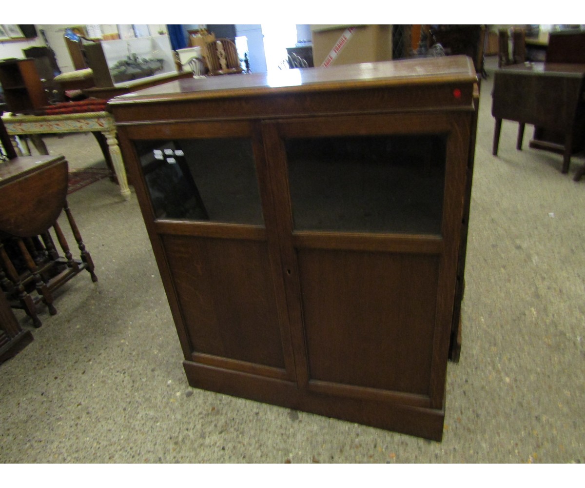20TH CENTURY OAK FRAMED BOOKCASE WITH PARTIALLY GLAZED DOORS