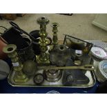 PAIR OF 19TH CENTURY BRASS CANDLESTICKS, PEWTER TANKARD, CHAMBER STICK, A SILVER INKWELL (A/F) ETC