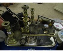 PAIR OF 19TH CENTURY BRASS CANDLESTICKS, PEWTER TANKARD, CHAMBER STICK, A SILVER INKWELL (A/F) ETC