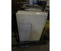 WHITE PAINTED RETRO SMALL CUPBOARD WITH SINGLE DRAWER AND TWO CUPBOARD DOORS