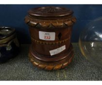 19TH CENTURY MAHOGANY AND TONBRIDGE WARE INLAID CIRCULAR STORAGE BOX ON THREE BUN FEET