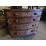 19TH CENTURY MAHOGANY BOW FRONTED FOUR FULL WIDTH DRAWER CHEST WITH TURNED KNOB HANDLES