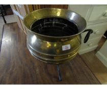 BRASS CAULDRON FORMED COAL BOX WITH IRON HANDLES AND STAND