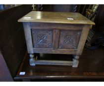 OAK FRAMED LIFT UP TOP BOX STOOL WITH PANELLED FRONT WITH A TEAK CANDLE BOX