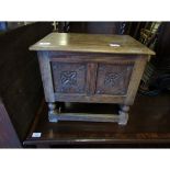 OAK FRAMED LIFT UP TOP BOX STOOL WITH PANELLED FRONT WITH A TEAK CANDLE BOX