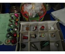 THREE SMALL TUBS CONTAINING VINTAGE CHRISTMAS DECORATIONS, BAUBLES ETC