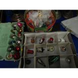 THREE SMALL TUBS CONTAINING VINTAGE CHRISTMAS DECORATIONS, BAUBLES ETC