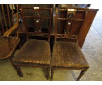 PAIR OF WALNUT FRAMED CARVED SPLAT BACK BEDROOM CHAIRS WITH BROWN UPHOLSTERED SEATS ON FLUTED