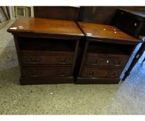 PAIR OF GOOD QUALITY MAHOGANY BEDSIDE CUPBOARDS WITH OPEN SHELF WITH TWO DRAWERS WITH SWAN NECK