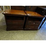 PAIR OF GOOD QUALITY MAHOGANY BEDSIDE CUPBOARDS WITH OPEN SHELF WITH TWO DRAWERS WITH SWAN NECK