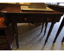 VICTORIAN MAHOGANY FOLD OVER TEA TABLE WITH SINGLE DRAWER ON RING TURNED LEGS