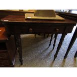 VICTORIAN MAHOGANY FOLD OVER TEA TABLE WITH SINGLE DRAWER ON RING TURNED LEGS