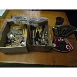 BOX CONTAINING MIXED STAINLESS STEEL CUTLERY, HORN CUTLERY, ORIENTAL SEAL SET ETC