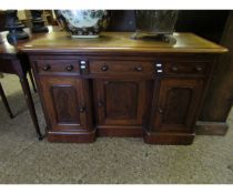 VICTORIAN MAHOGANY DESK WITH BEIGE LEATHER INSERT WITH TOOLED DETAIL WITH THREE DRAWERS OVER THREE