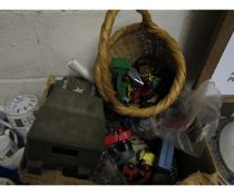 BOX CONTAINING MIXED TIN PLATE ARMY JEEP, TANK PLAYWORN DIE-CAST VEHICLES, ACTION MEN CLOTHING ETC