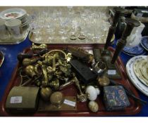 TRAY CONTAINING PAIR OF 19TH CENTURY BRASS SQUARE FOOTED CANDLESTICKS, BRASS DOOR KNOBS, DOOR