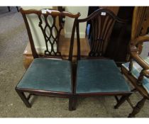 TWO 19TH CENTURY MAHOGANY SPLAT BACK DINING CHAIRS WITH GREEN DROP IN SEATS