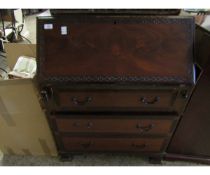 EARLY 20TH CENTURY MAHOGANY DROP FRONTED BUREAU WITH CARVED BORDER WITH THREE FULL WIDTH DRAWERS