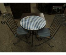 MODERN METAL MOSAIC TILE TOP CIRCULAR GARDEN TABLE AND TWO FOLDING CHAIRS WITH TEAK SLATTED SEATS (