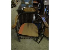 BEECHWOOD FRAMED BOW BACK ARMCHAIR WITH BOBBIN TURNED SPINDLES WITH CANE SEAT AND BACK