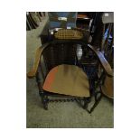 BEECHWOOD FRAMED BOW BACK ARMCHAIR WITH BOBBIN TURNED SPINDLES WITH CANE SEAT AND BACK