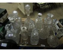 TRAY CONTAINING MIXED 19TH CENTURY CUT GLASS DECANTERS