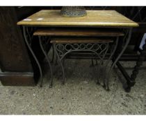 NEST OF THREE BEECHWOOD TOP METAL FRAMED SIDE TABLES