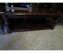 OAK FRAMED RECTANGULAR TWO TIER COFFEE TABLE WITH MAHOGANY BANDING