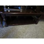 OAK FRAMED RECTANGULAR TWO TIER COFFEE TABLE WITH MAHOGANY BANDING