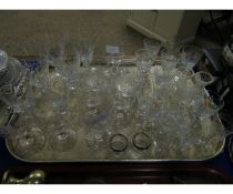 TRAY CONTAINING MIXED CUT GLASS WINE GLASSES, SILVER PLATED SALT CELLARS ETC