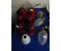 PAIR OF CUT GLASS CEILING LIGHTS TOGETHER WITH SIX ASSORTED RED LIGHT SHADES ETC