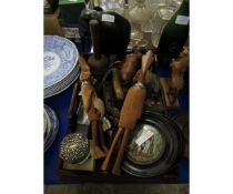 GOOD QUALITY MAHOGANY TWO-HANDLED TRAY, PRATT WARE POT LIDS, EBONY ELEPHANT ETC