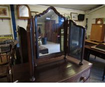 WALNUT FRAMED SHAPED TOP TRIPLE DRESSING TABLE MIRROR