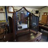 WALNUT FRAMED SHAPED TOP TRIPLE DRESSING TABLE MIRROR