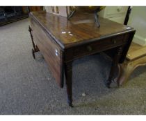 19TH CENTURY MAHOGANY PEMBROKE TABLE WITH SINGLE DRAWER TO END ON RING TURNED LEGS RAISED ON BRASS